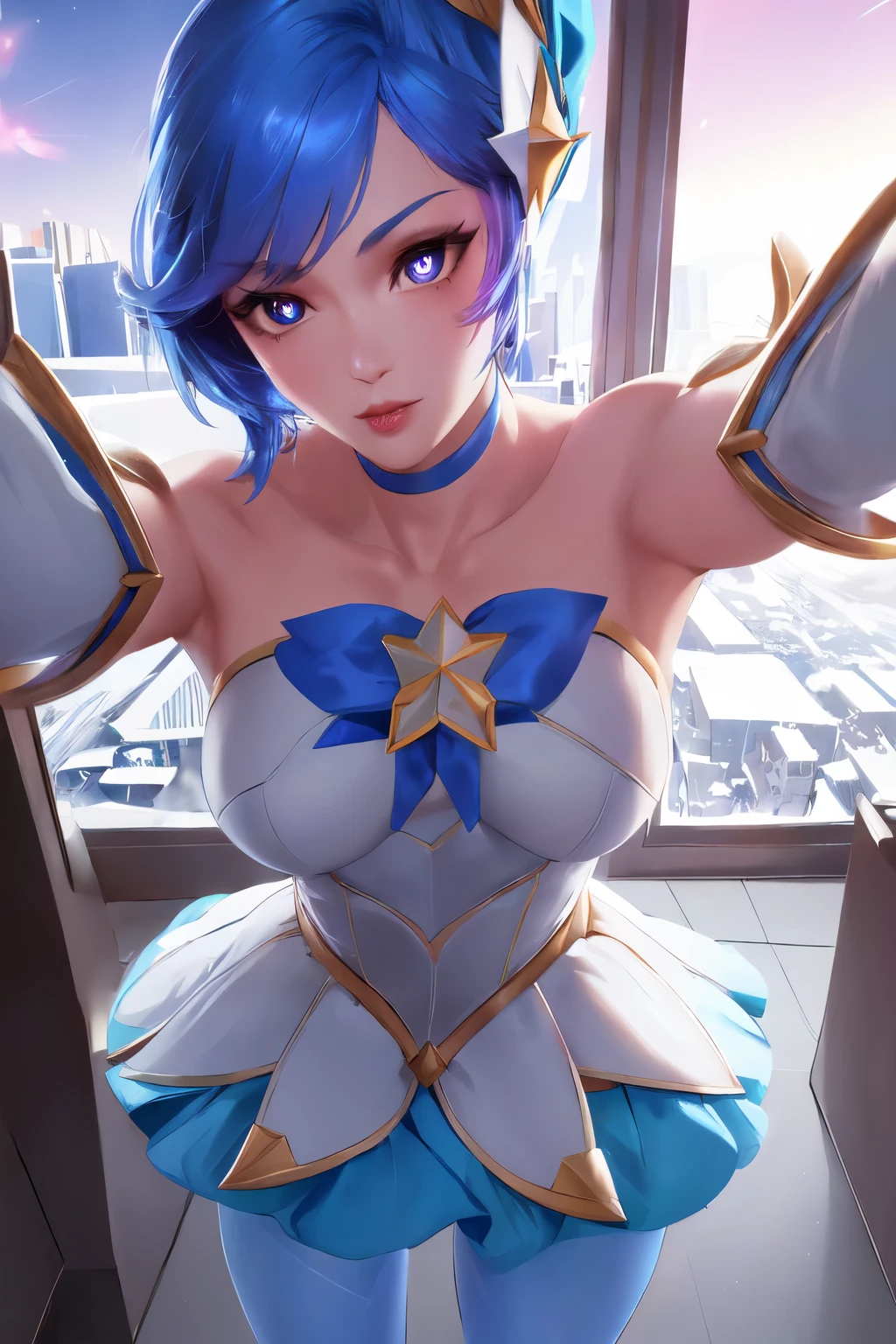 (solo, 1girl), (absurdres, ,highres, official wallpaper, poster), (masterpiece, best quality:1.2), (illustration, realistic), (perfect details, highest detailed, extreme detailed), dramatic light, starguardianorianna, (light blue pantyhose, elbow gloves, hair ornament, star guardian \(league of legends\), (neck ribbon), star \(symbol\), blue hair), (street, city, Heart-shaped pupils:1.2), (1girl solo, kabedon pov)