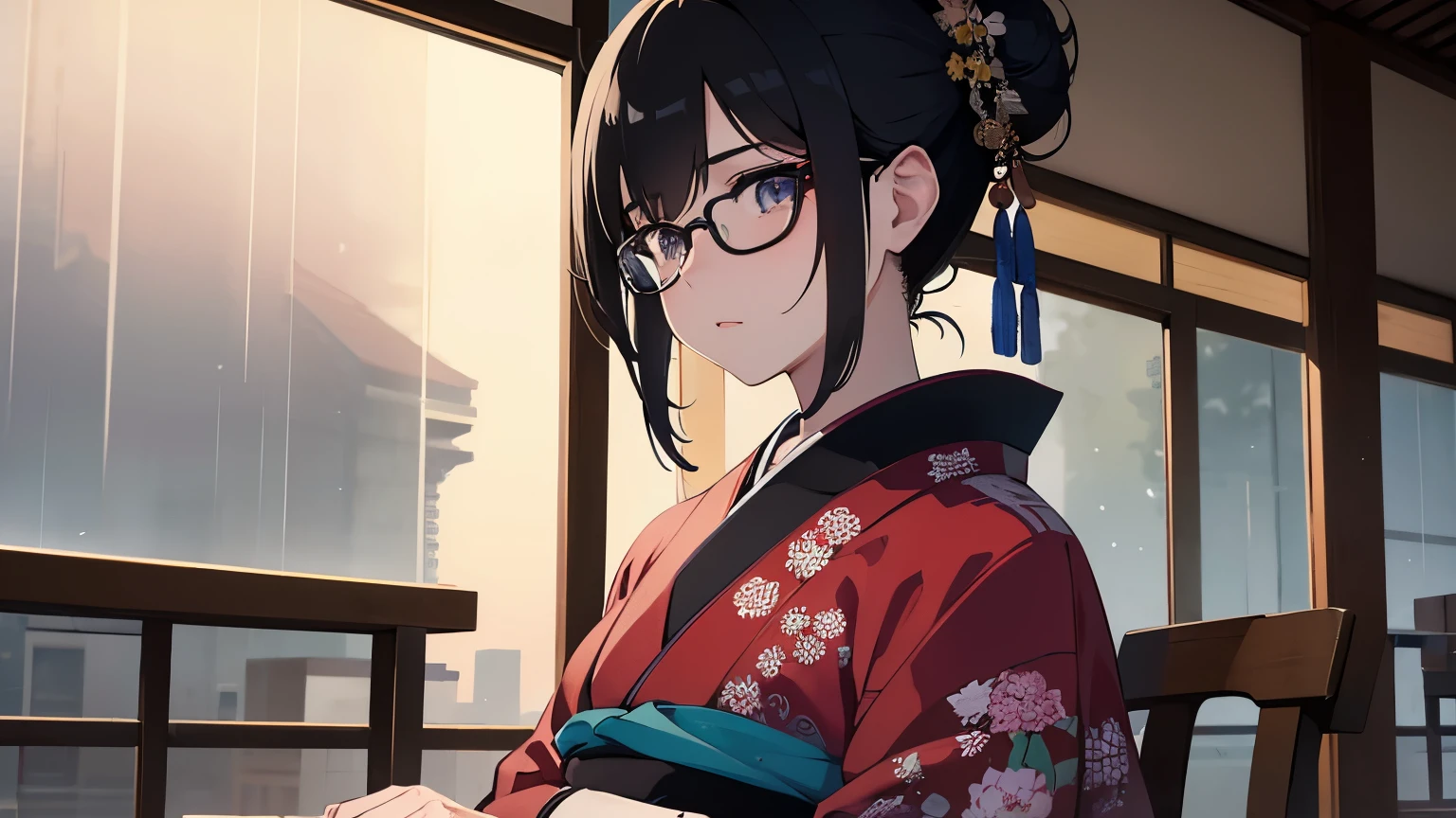 (1girl:1.3), Masterpiece, Best quality, amazing beauty, [[3D]], 4K, absurdres, finely detail, super detailed eye, perfect anatomy, official art, A beautiful girl looking into the distance in a traditional Japanese cafe, Warm lighting, Wearing a kimono, A kimono with a vividly colored pattern, Outside, the rain is falling quietly, Japanese anime style, hair bun, black hair, super shiny detailed black eye, pale skin, detailed skin, evening,Glasses,　Sitting in a chair, Shooting the whole picture from a distance, Dark Eyes, Relaxed atmosphere, Lo-fi, Resting one&#39;s chin on one&#39;s hand