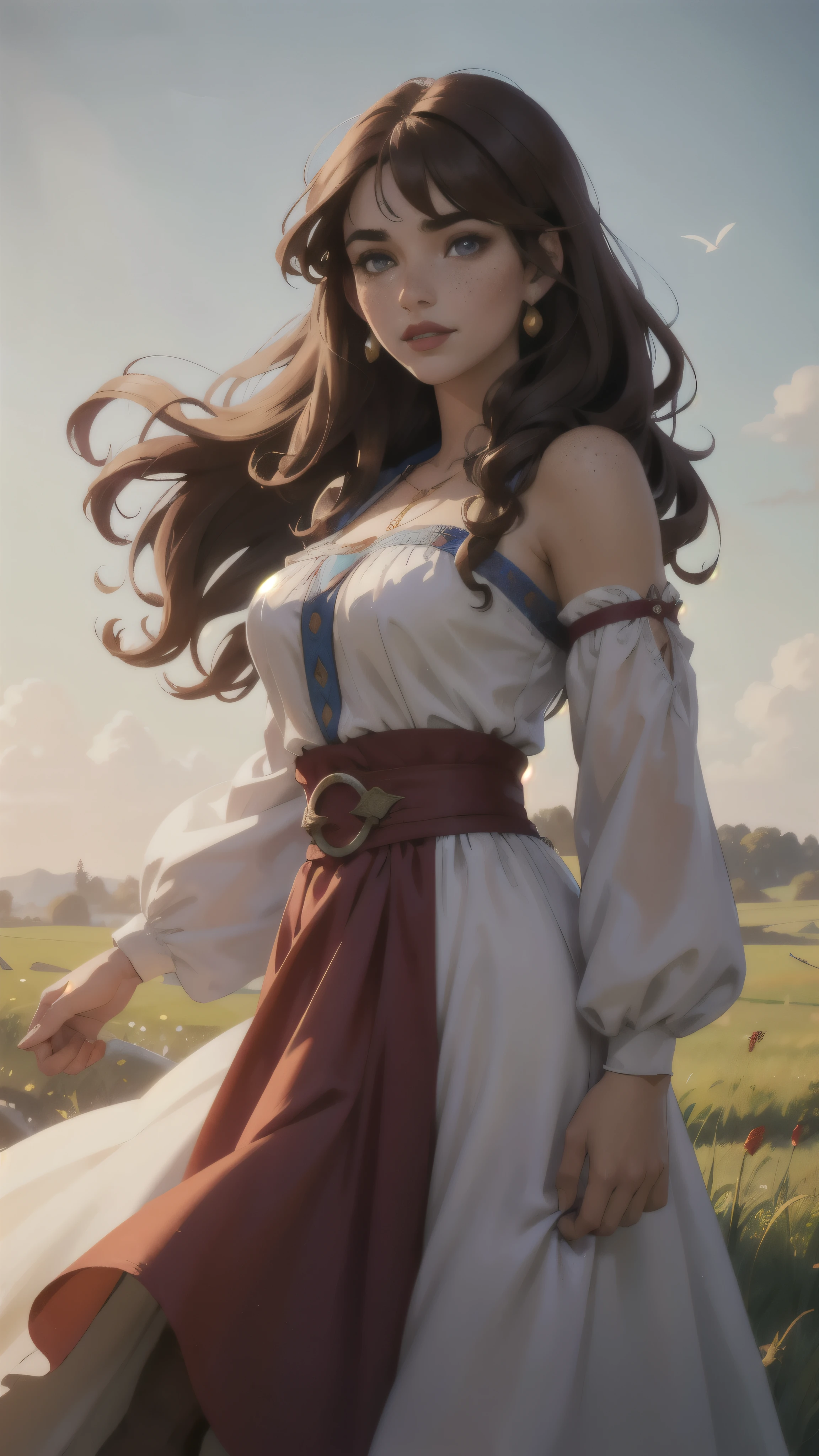 1 medieval gypsy, colorful clothes, curly brown hair, bangs, beautiful face, detailed face, freckles, red lips, beautiful eyes, smooth skin, early morning, grass field, depth of field, wind blowing