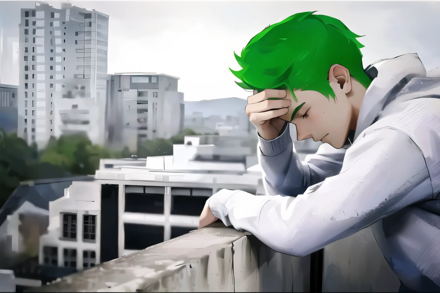 a  boy with green hair feels stress, shame, fear 