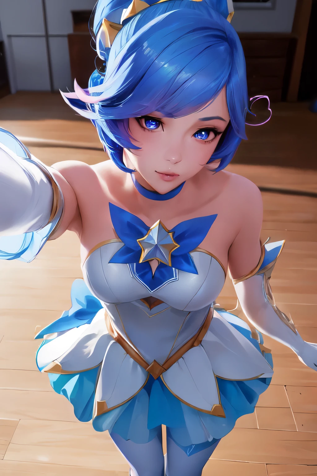 (solo, 1girl), (absurdres, ,highres, official wallpaper, poster), (masterpiece, best quality:1.2), (illustration, realistic), (perfect details, highest detailed, extreme detailed), dramatic light, starguardianorianna, (light blue pantyhose, elbow gloves, hair ornament, star guardian \(league of legends\), (neck ribbon), star \(symbol\), blue hair), (street, city, Heart-shaped pupils:1.2), (1girl solo, kabedon pov)