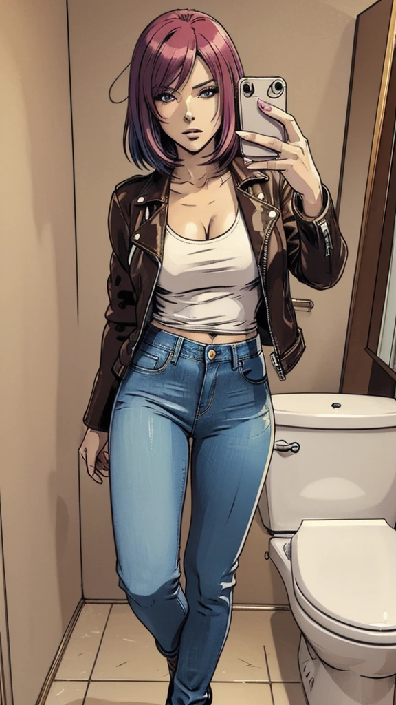 vector image, 2d cartoon,masterpiece, An anime woman,colored hair, provocative makeup,tight jeans, heels, seductive pose, leather jacket, t-shirt, taking selfie in toilet, full body