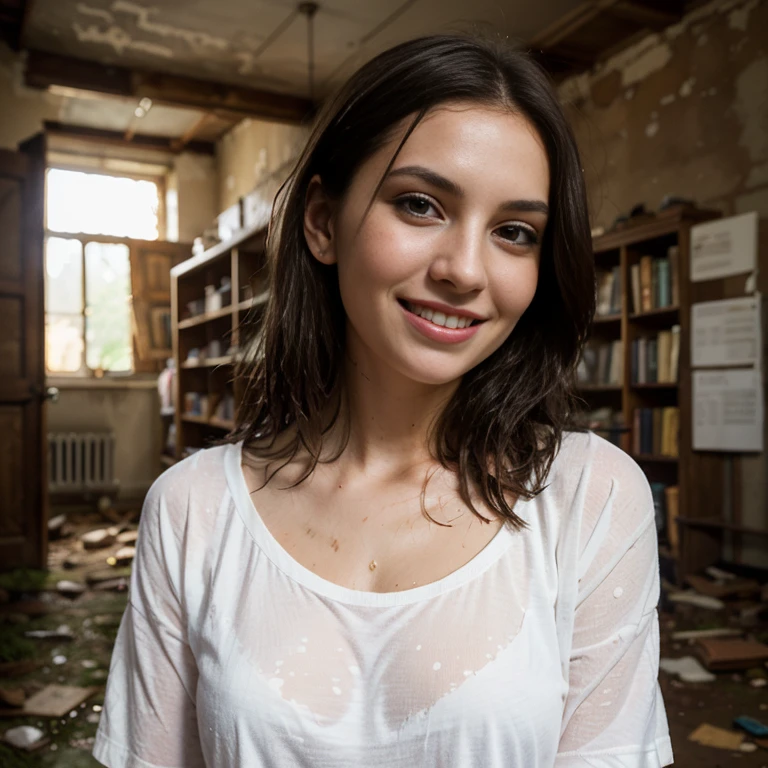 a woman, 25ear old, long brunette hairs, textured skin, romantic smile, a lot of details, plan large, inside an abandoned library, Haunted house, ruine, salopette en cuire, wet white t-shirt, dust spots, full view