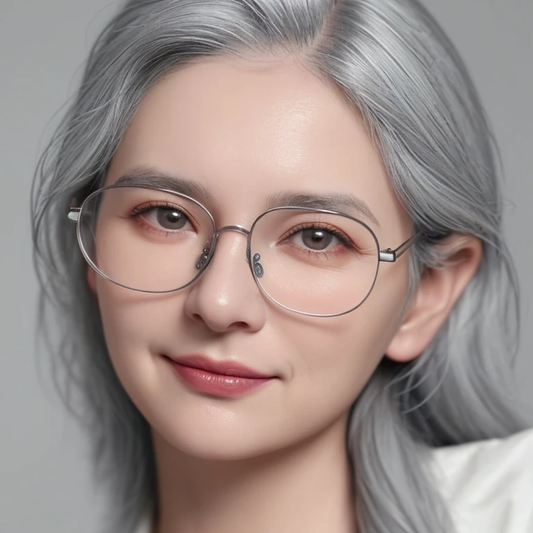 1girl,grey hair,glasses,slight smile,close up,potrait,detailed,hd,ultra hd,16k