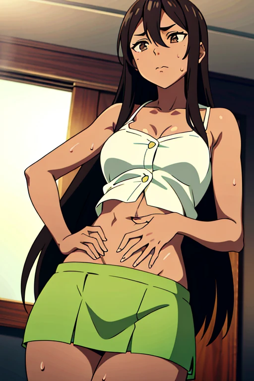 (masterpiece, top quality, best quality), brown skin anime girl wearing a button up cami top and skirt, famished in hunger, (gently resting hands on stomach), (sweating), (long hair), (hands on her stomach)