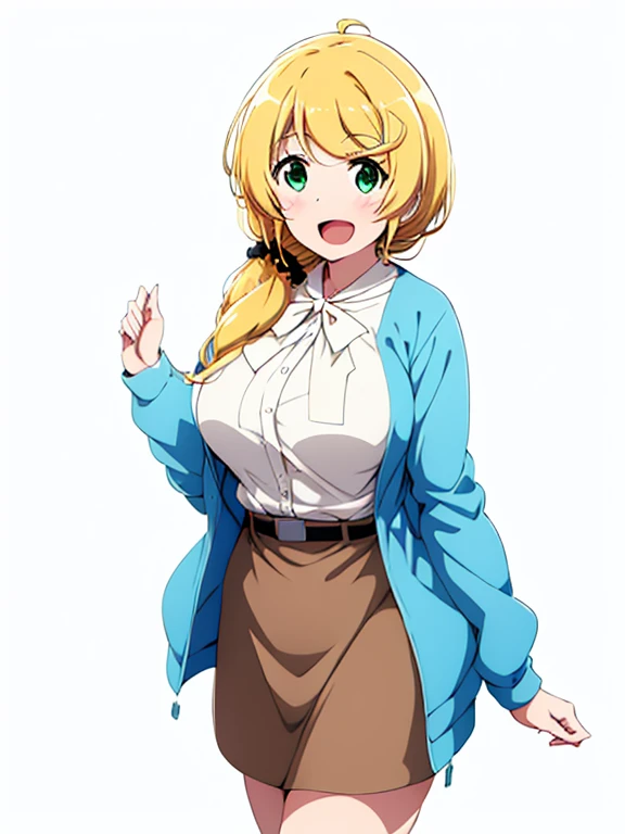 ellen_baker, green eyes, blonde hair, long hair, hair scrunchie, jacket, white shirt, skirt、masterpiece、highest quality、High resolution、Very detailed、Medium wide shot、Mature Woman、Big Breasts、laughing、School、