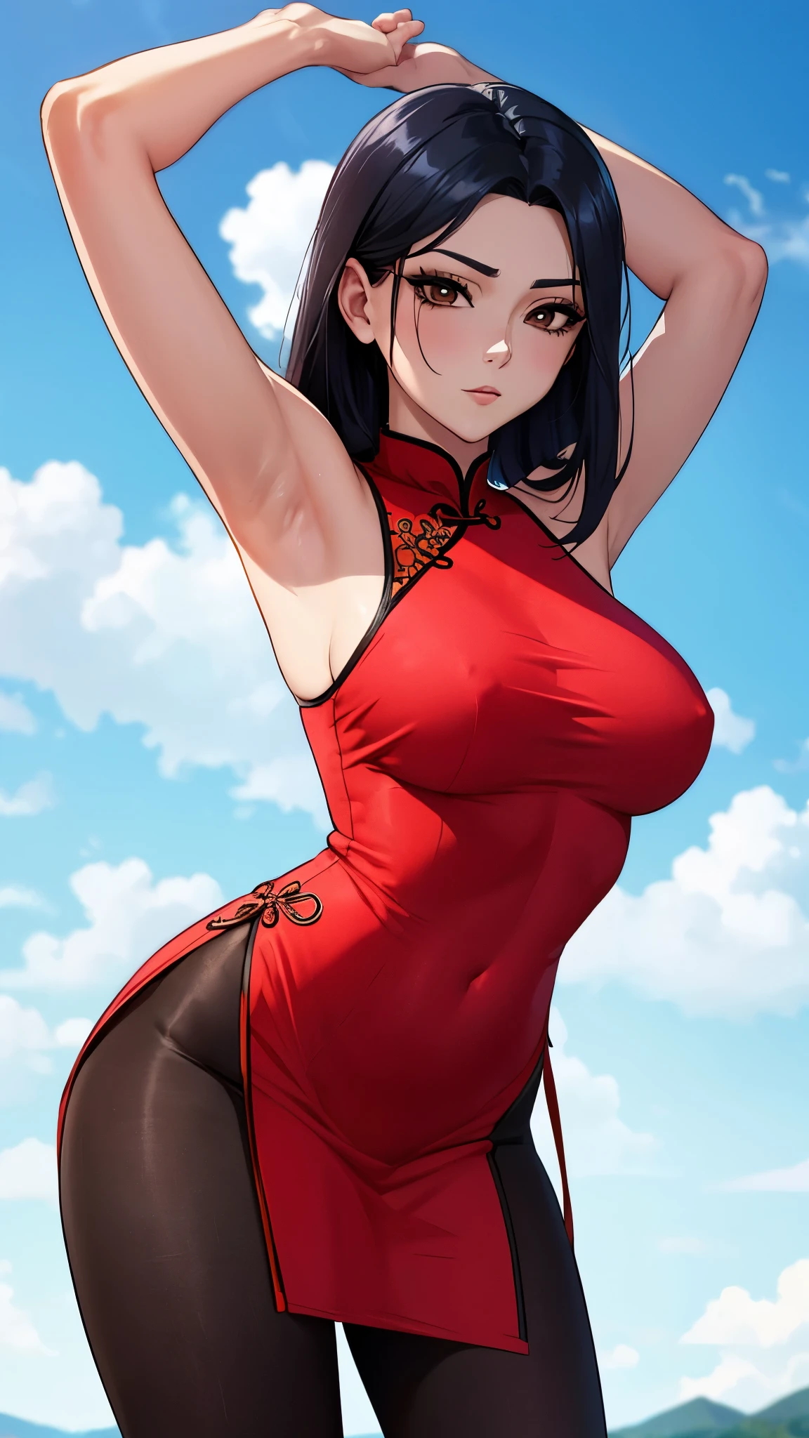 Gorgeous Chinese dress, sky background, high quality, painted from head to waist, sleeveless, legs in net tights, sleeveless, arms raised, armpits showing,8K,high quality,anime,married woman,fair skinned,beautiful face,small face,clean,bright,eye highlights,sexy,super big tits,beautiful line drawing. Black hair, white skin, brown eyes,