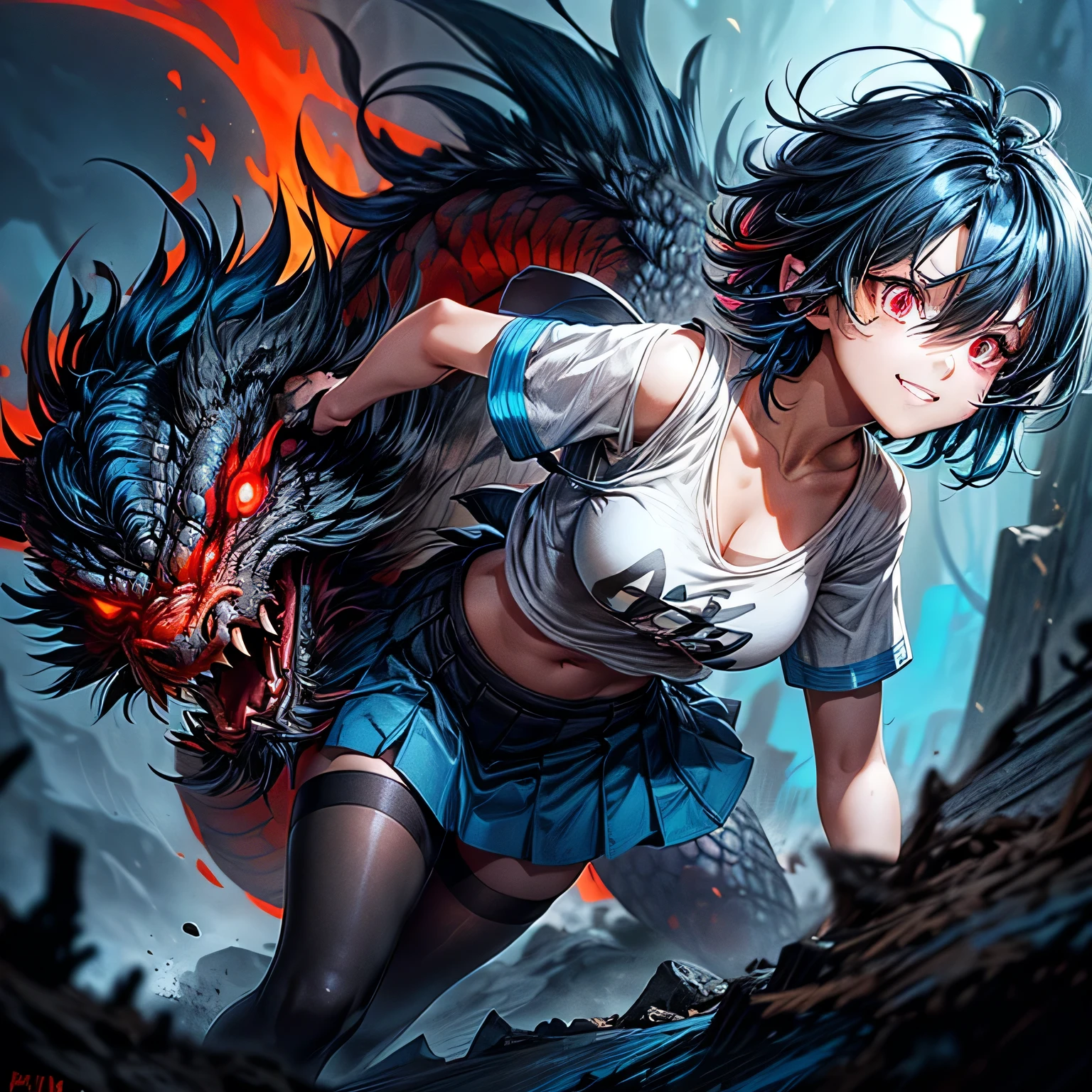 work of art, best quality, background with burning forest, highlighted in red and gray. With an 18 year old girl. Featuring a large dragon with sharp fangs breathing fire behind, cinematic lighting, 8k resolution, Ultra HD, (beautiful red eyes: 1.3), (visible and realistic features: 1.1), anatomically correct textured skin, beautiful and highly detailed face, eyeliner, red lips, sunlight, shine, (messy short hair, black and blue hair, Hair color: 1.4), Motion lines, sharp focus, bright colors, medium breasts, round breasts, short t-shirt, black pleated mini skirt, thigh-high brown pantyhose, looking at the camera, (smile, teeth:1,2).