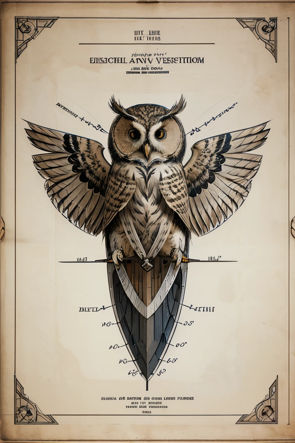 Highly detailed technical drawing of an owl The illustrations should include a side view, cross-sections, and exploded views to show both the exterior and interior components and organs. Labeled parts with annotations specifying materials, dimensions, and other engineering and anatomic specifications. Style vintage engineering blueprint, and educational intent