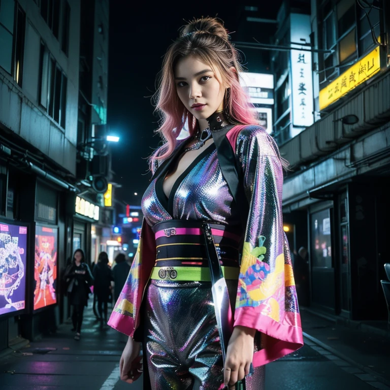 highest quality、Super fine、Realistic、A young and very beautiful woman、Beautiful detailed eyes、Beautiful detailed lips、cyberpunk、huge breasts、(Holographic kimono:1.4)、((Mecha、Armament、knife、Cyberpunk city girl:1.37))、(Fluorescent pink and yellow green)、neon、Street graffiti、Night view、Mysterious atmosphere、High-tech gadgets、Vibrant colors、 Glowing Effects、Urban decline、skyscraper、Bustling Crowd、Urban fashion、Sleek and futuristic design、Technological advances、Edgy hairstyles、Dark Alley、Electronic Music、Energy Beam、A strong and confident posture、Cool and confident look、詳細なMechaアーマー、Cowboy Shot、Samurai girl