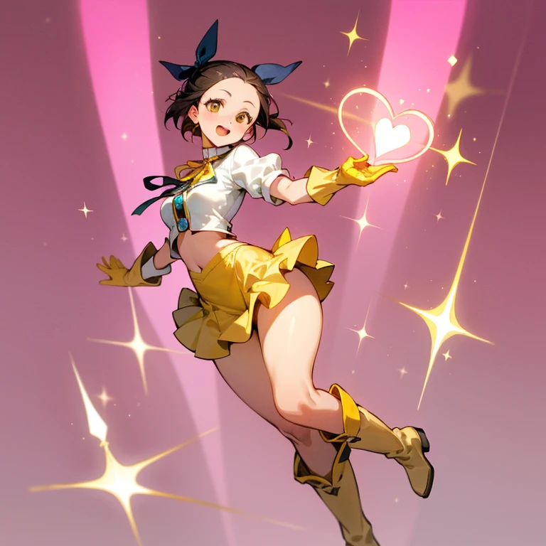 ung woman, (((extremely cute and beautiful))), (((smile))), (((open mouth))), (((fully exposed neckline))), (((medium breasts))), (((thick thighs))), (((white top))), (((medium hair))), (((black hair))), ((full body)), shiny skin, (((ponitail))), (((forehead))), (((hair combed back exposing forehead))), (((light brown eyes))), (((magical girl style))), (((magical girl uniform))), (((yellow mini skirt))), (((Long yellow gloves ))), (((long boots))), ((magic rod))), (((hair ribbon))), (((hair ties))), sparkling heart pink background, crystal light effect, (Magic Effect: 0.9)