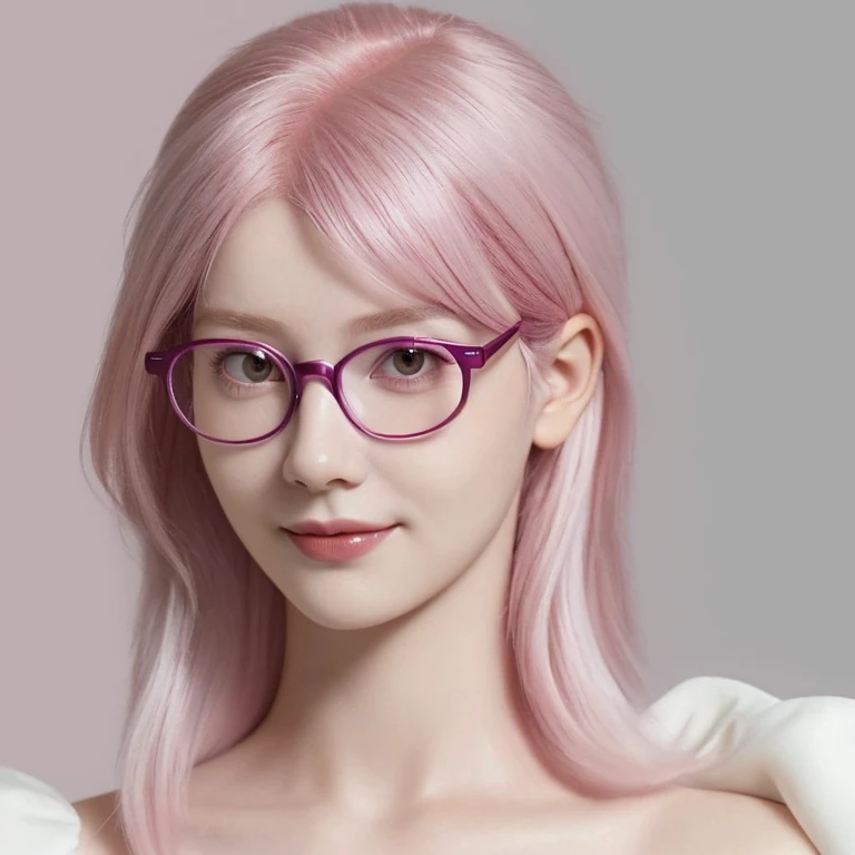 1girl,pink hair,glasses,slight smile,close up,potrait,detailed,hd,ultra hd,16k