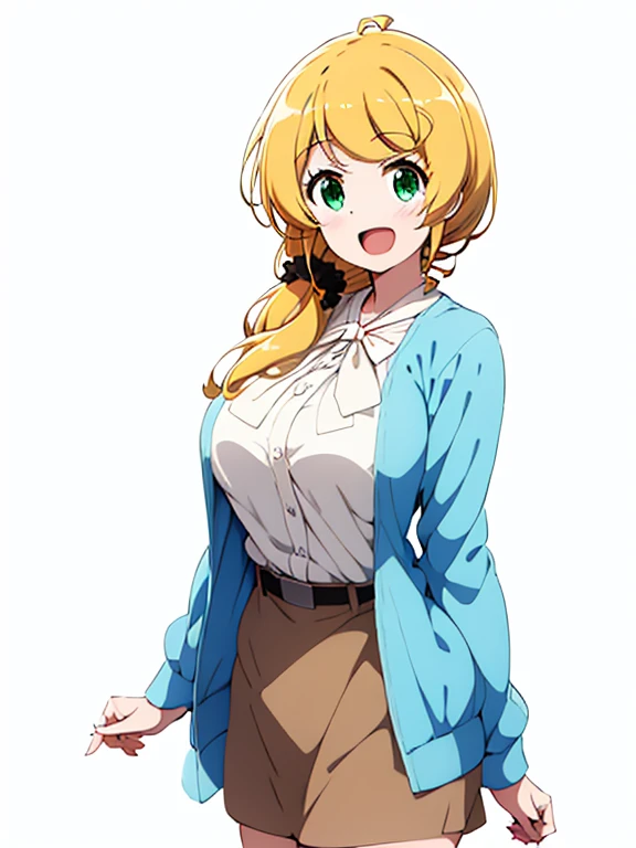 ellen_baker, green eyes, blonde hair, long hair, hair scrunchie, jacket, white shirt, skirt、masterpiece、highest quality、High resolution、Very detailed、Medium wide shot、Mature Woman、Big Breasts、laughing、School、