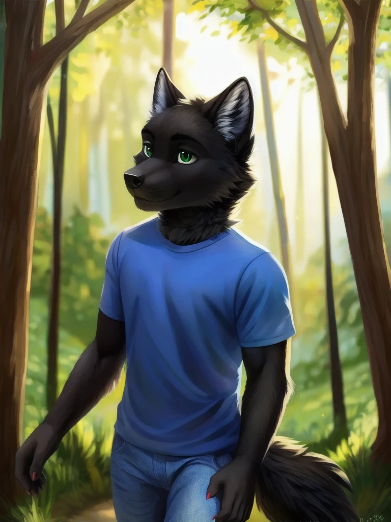Masterpiece, one furry wolf anthro boy, has black fur, wears blue tshirt with jeans, green eyes, best eyes, walking in the forest, sunny day