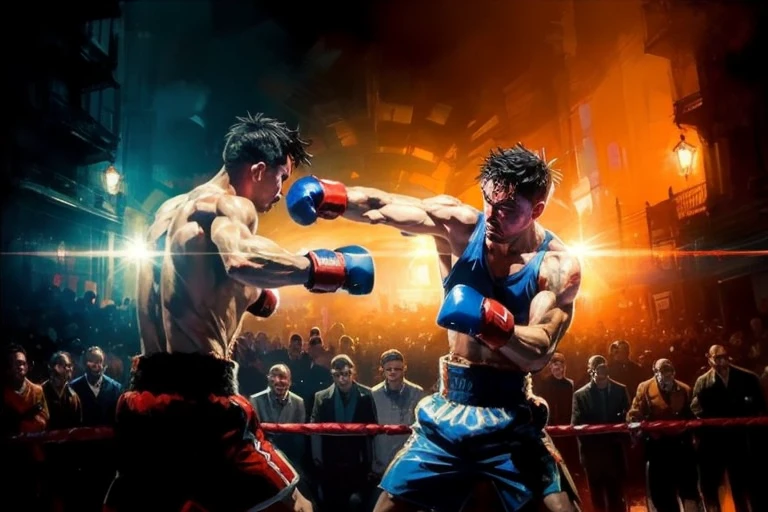 street boxing, knockout, dynamic combat, Volumetric Lighting, backlighting, (Highly detailed), (high resolution), (Best quality), (masterpiece)