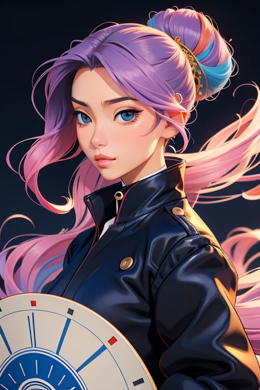 Une femme, 25 ans, mangas, cheveux longs, cheveux multicolores, beaucoup de Détails, samourai, moyen age japonais