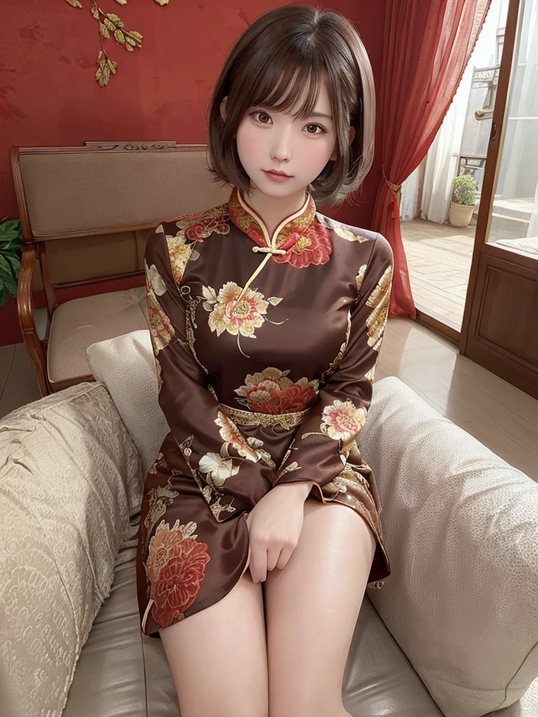 alone,21 years old,One girl,Brown Hair,Sitting,Floral print,dress,Chinese clothing,china dress,curtain,short hair,Realistic,whole body,indoor,View your viewers,Natural lips,sofa,Chair,(Thin legs),Elegant girl,