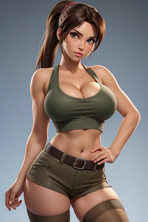 Masterpiece, perfect face, perfect legs, perfect body, perfect breasts, perfect hands, perfect fingers, perfect eyes, very huge breasts, cleavage, very short shorts, bare shoulders, tanktop, stockings, bare midriff, non-nude, brown hair, bent forward, blushing, ponytail, lara croft, tomb raider, crop top, underboob, SFW