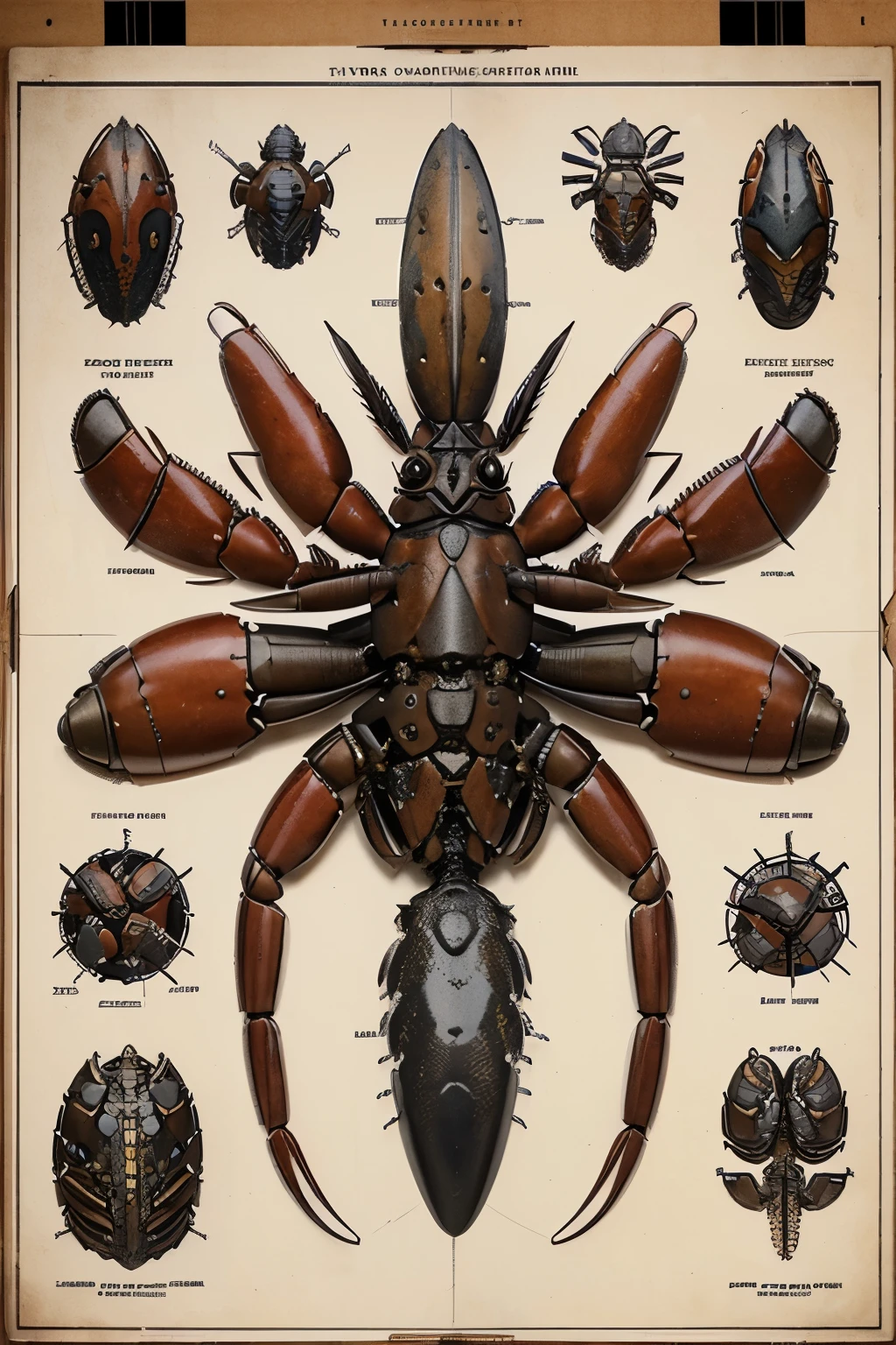 Highly detailed technical drawing of a lobster The illustrations should include a side view, cross-sections, and exploded views to show both the exterior and interior components and organs. Labeled parts with annotations specifying materials, dimensions, and other engineering and anatomic specifications. Style vintage engineering blueprint, and educational intent