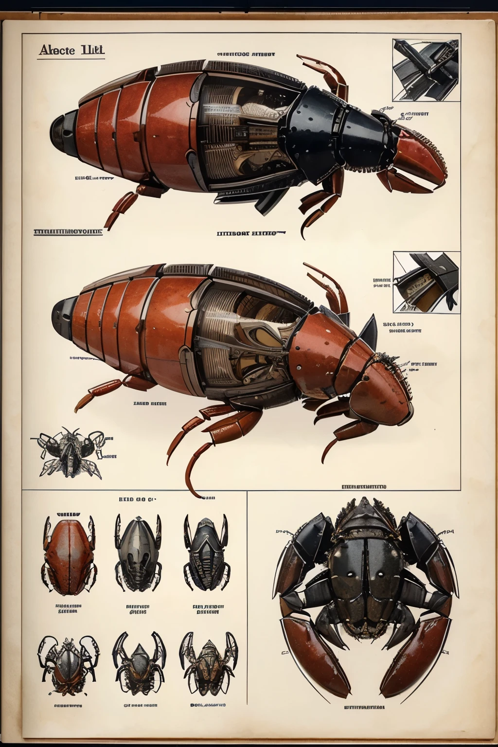 Highly detailed technical drawing of a lobster The illustrations should include a side view, cross-sections, and exploded views to show both the exterior and interior components and organs. Labeled parts with annotations specifying materials, dimensions, and other engineering and anatomic specifications. Style vintage engineering blueprint, and educational intent