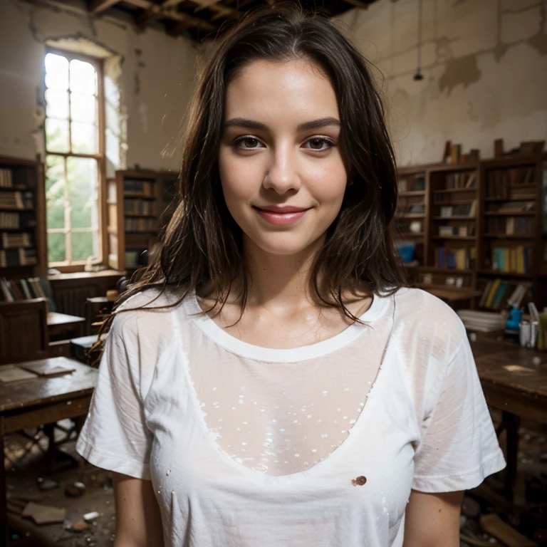 a woman, 25ear old, long brunette hairs, textured skin, romantic smile, a lot of details, plan large, inside an abandoned library, Haunted house, ruine, salopette en cuire, wet white t-shirt, dust spots, full view, urbex