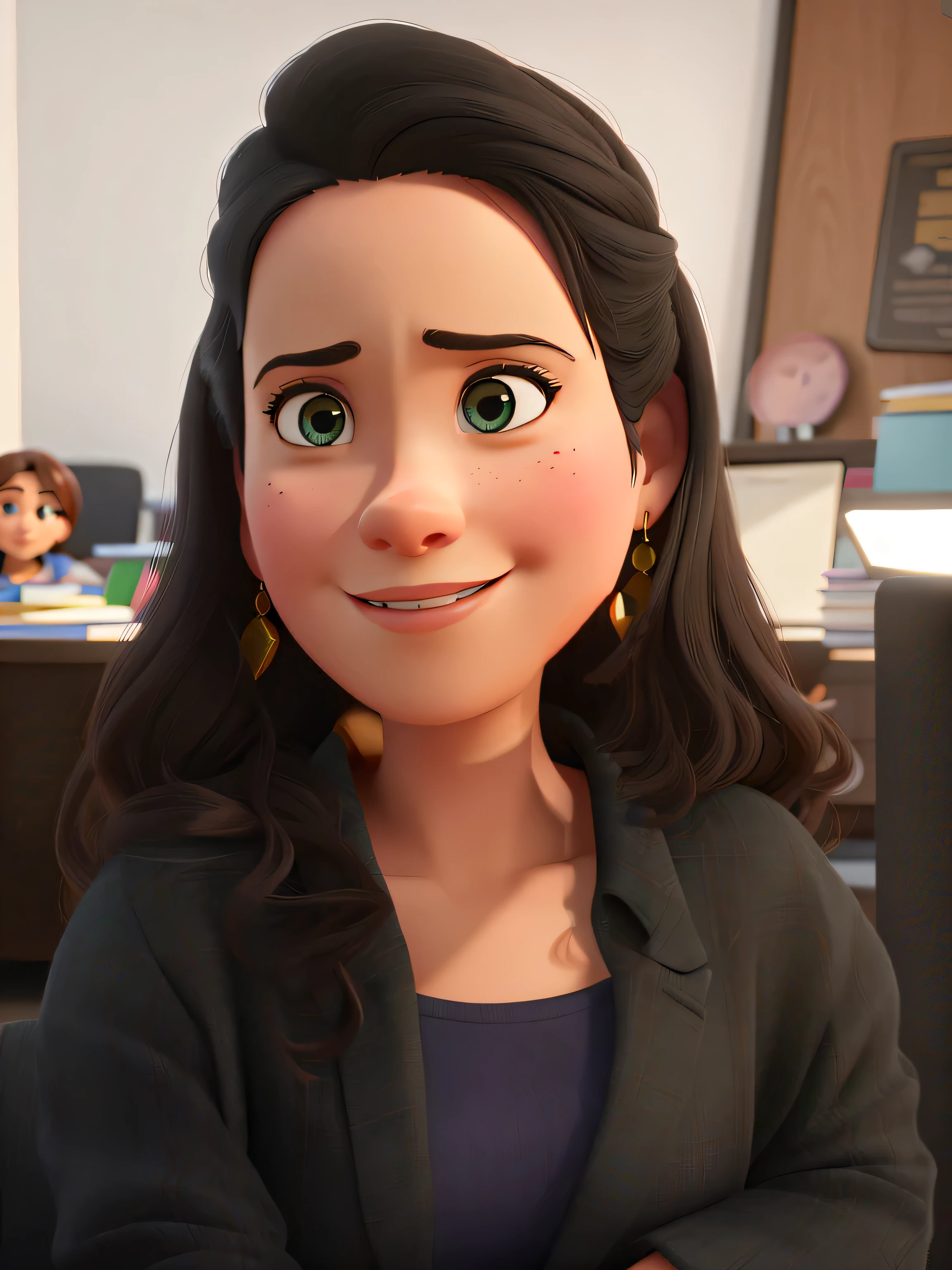 uma mulher no escritorio sentada na mesa estilo disney pixar, alta qualidade, melhor qualidade