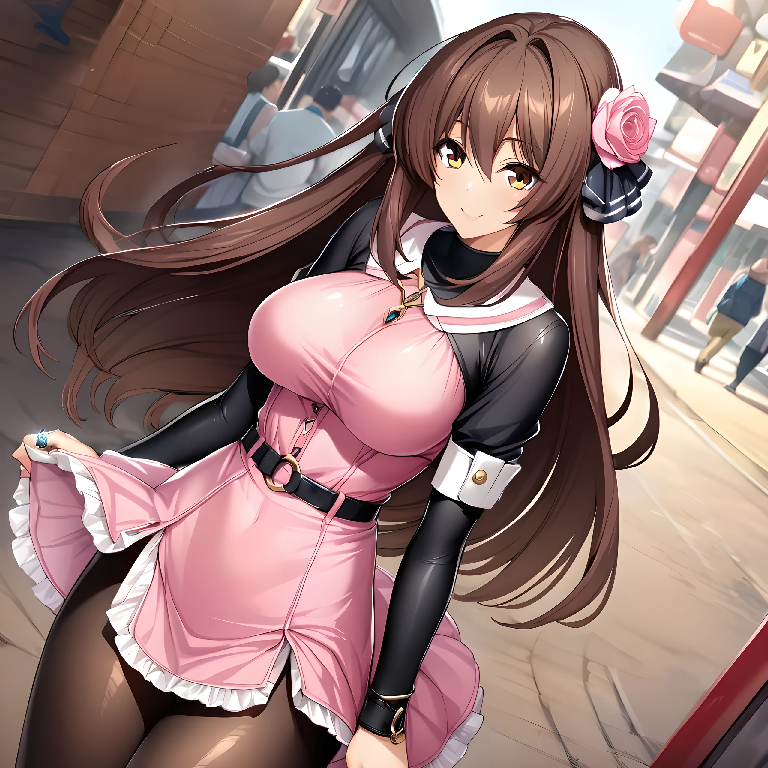 (masterpiece),(best quality),(ultra-detailed),(best illustration),(best shadow),(absurdres),(detailed background),(very aesthetic), marina katsuragi, casualoutfit, 1girl, solo, long hair, brown hair, large breasts, pantyhose, jewelry, dress, ring, hair ornament, looking at viewer, brown eyes, black pantyhose, pink dress, wet market background, smile 