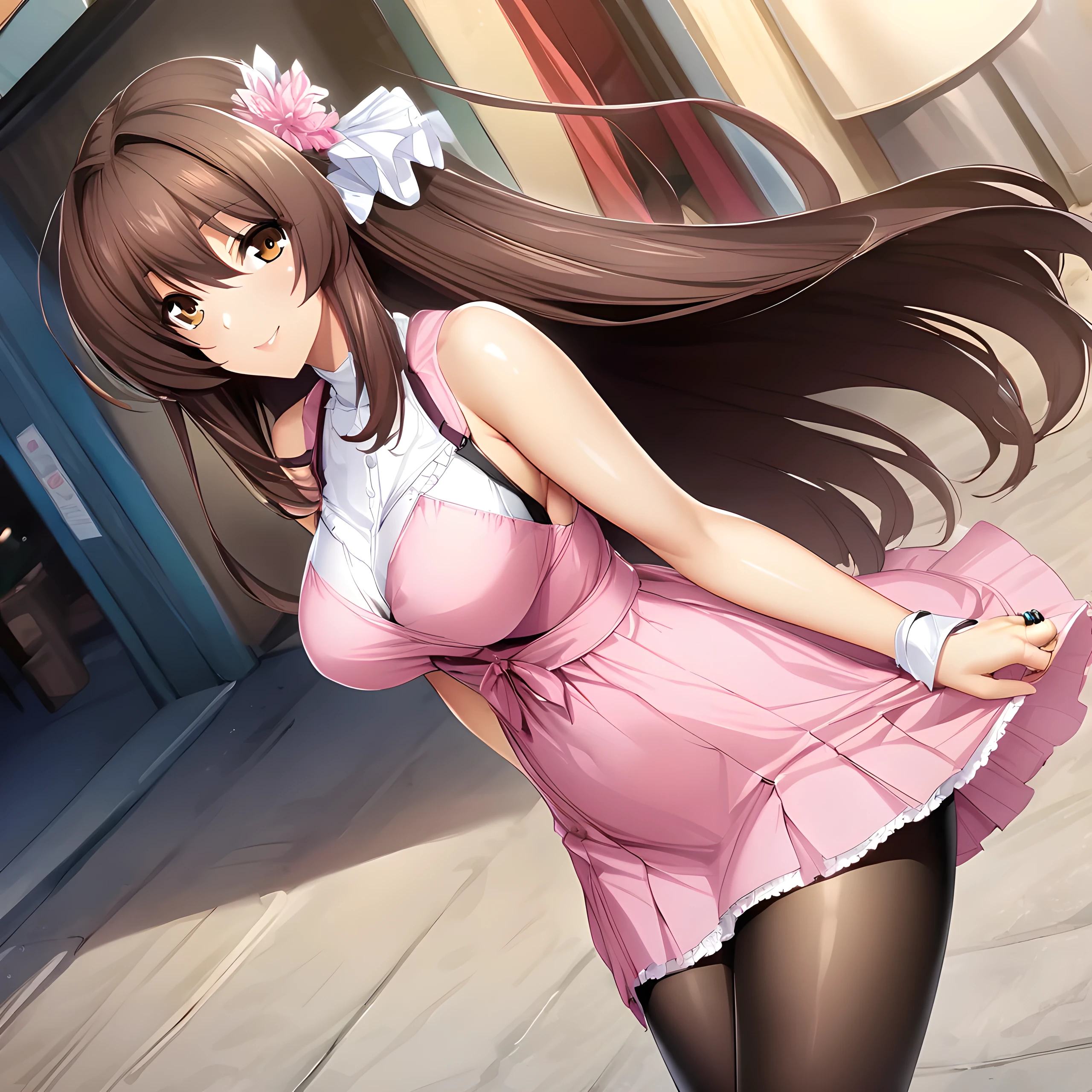 (masterpiece),(best quality),(ultra-detailed),(best illustration),(best shadow),(absurdres),(detailed background),(very aesthetic), marina katsuragi, casualoutfit, 1girl, solo, long hair, brown hair, large breasts, pantyhose, jewelry, dress, ring, hair ornament, looking at viewer, brown eyes, black pantyhose, pink dress, wet market background, smile