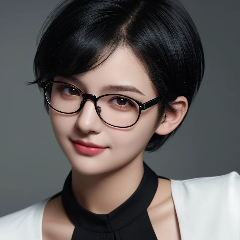 1girl,black short hair,glasses,slight smile,close up,potrait,detailed,hd,ultra hd,16k