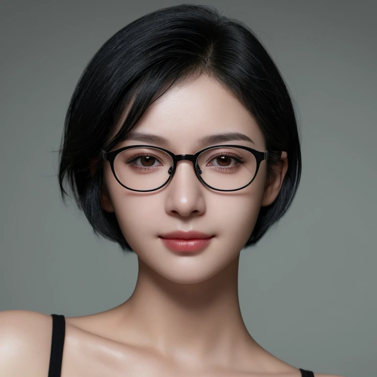 1girl,black short hair,glasses,slight smile,close up,potrait,detailed,hd,ultra hd,16k