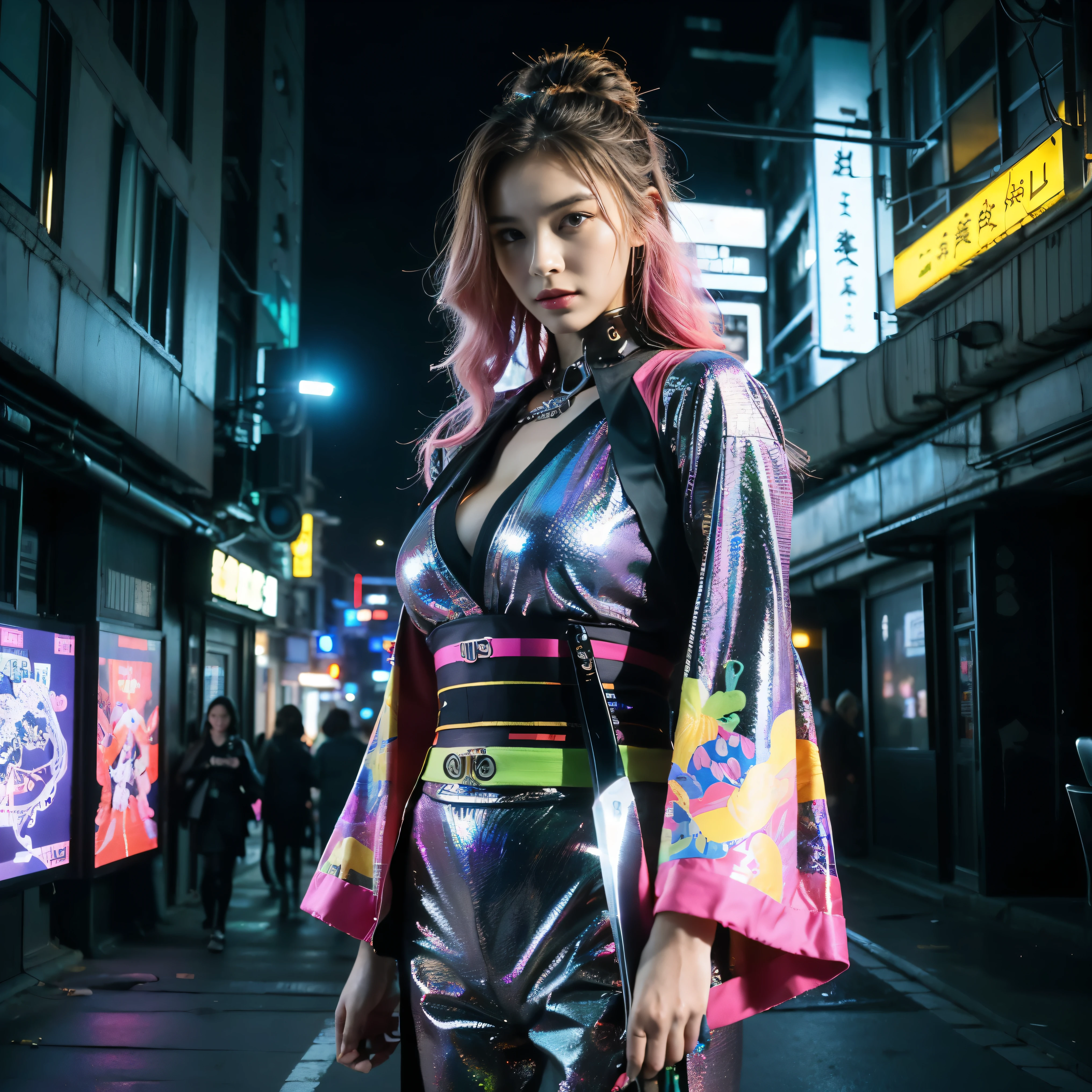 highest quality、Super fine、Realistic、A young and very beautiful woman、Beautiful detailed eyes、Beautiful detailed lips、cyberpunk、huge breasts、(Holographic kimono:1.4)、((Mecha、Armament、knife、Cyberpunk city girl:1.37))、(Fluorescent pink and yellow green)、neon、Street graffiti、Night view、Mysterious atmosphere、High-tech gadgets、Vibrant colors、 Glowing Effects、Urban decline、skyscraper、Bustling Crowd、Urban fashion、Sleek and futuristic design、Technological advances、Edgy hairstyles、Dark Alley、Electronic Music、Energy Beam、A strong and confident posture、Cool and confident look、Detailed Mecha Armor、Cowboy Shot、Samurai girl