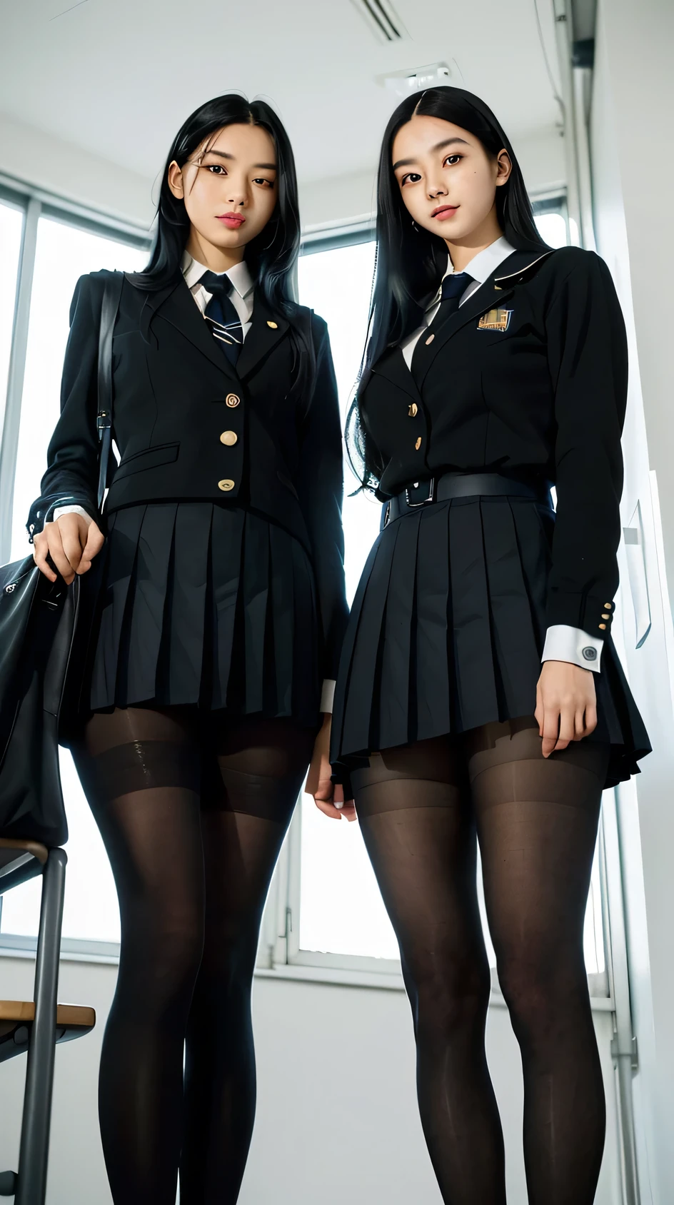 ((8k)), ((masterpiece)), ((prefect face)), ((expressive eyes)), (((two women with long black hair in school uniforms standing side by side))), ((tights)), ((tall)), (((from below)), ((looking at viewer)), ((slight smile)), ((perky breasts))