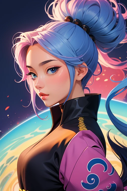 Une femme, 25 ans, mangas, cheveux longs, cheveux multicolores, beaucoup de Détails, samourai, moyen age japonais