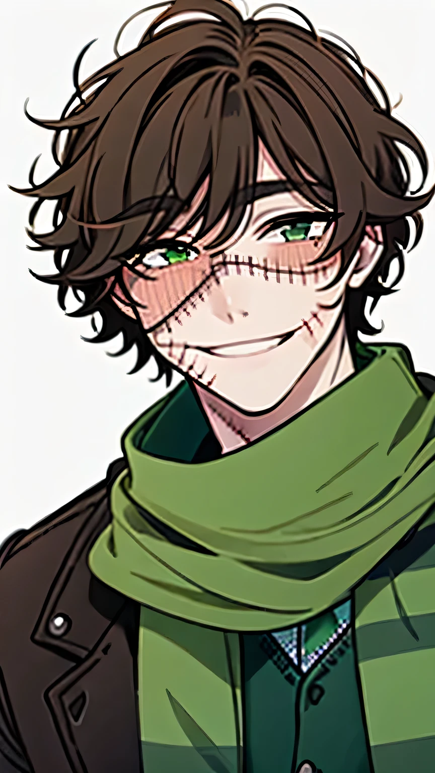 short brown hair, man with scarred face, stitches, striped scarf, green shirt, brown coat, black pants, boots, smile, close up
