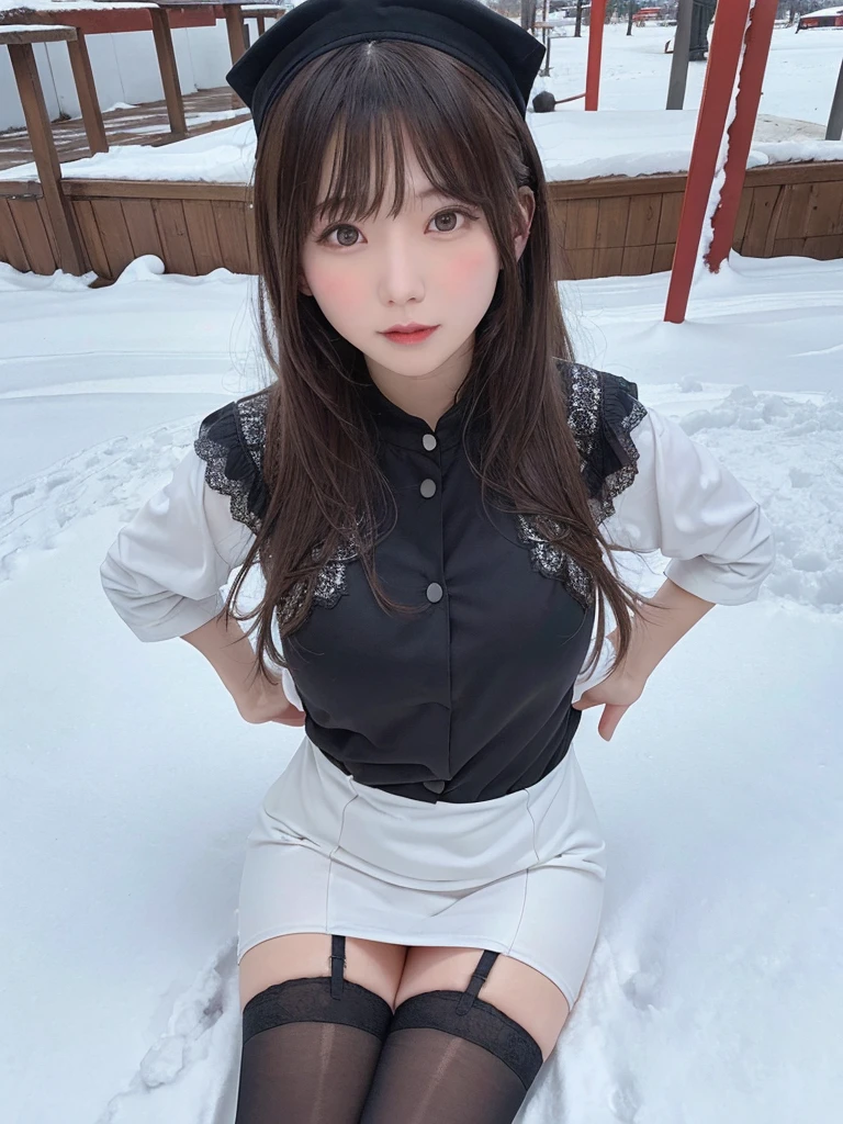 21years old, one woman, bangs,stockings，race，dress，Outdoor，snow，snow花