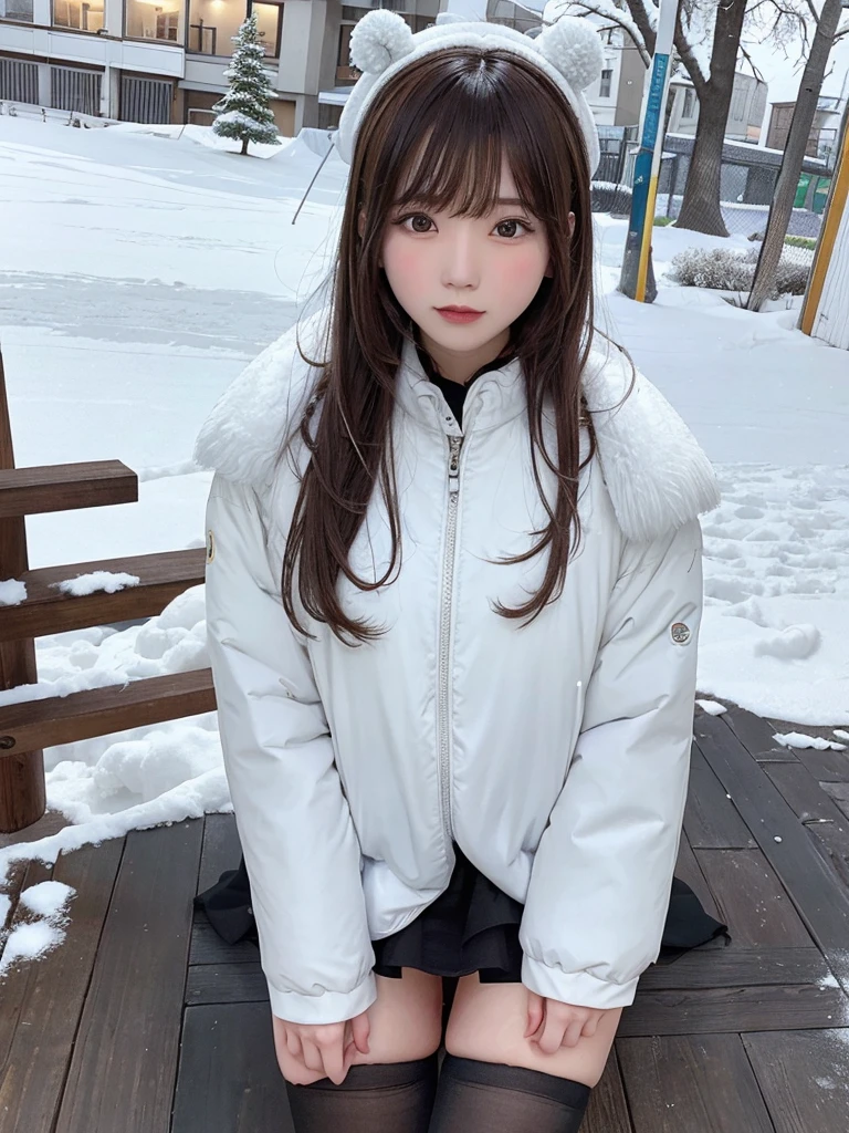 21years old, one woman, bangs,stockings，race，dress，Outdoor，snow，snow花