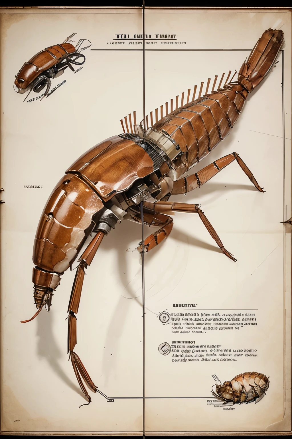 Highly detailed technical drawing of a shrimp The illustrations should include a side view, cross-sections, and exploded views to show both the exterior and interior components and organs. Labeled parts with annotations specifying materials, dimensions, and other engineering and anatomic specifications. Style vintage engineering blueprint, and educational intent