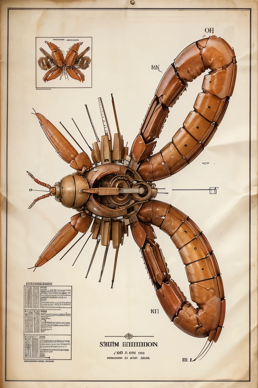 Highly detailed technical drawing of a shrimp The illustrations should include a side view, cross-sections, and exploded views to show both the exterior and interior components and organs. Labeled parts with annotations specifying materials, dimensions, and other engineering and anatomic specifications. Style vintage engineering blueprint, and educational intent