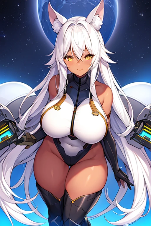 1girl, dark skin, dark-skinned female, white hair, long hair, yellow eyes, huge breasts, breasts, thick thighs, wide hips, mature female, milfz tall, tall female, toned, toned female, smile, futurustic, science-fiction, machinery, tech, white bodysuit, bodysuit, thighhighs,