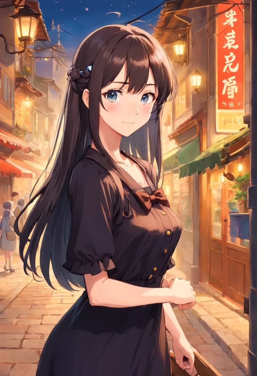 anime Frau with long hair and a black dress posing for a picture, sayori, anime visual of a cute girl, Anime-Moe-Kunststil,  im Kleid, anime Frau weaAuchg a black dress, pretty anime Frau, (anime Frau), cute anime Frau, cute anime waifu in a beautiful dress, attractive anime Frau, beautiful anime Frau, Auch, sanfte Anime-CG-Kunst