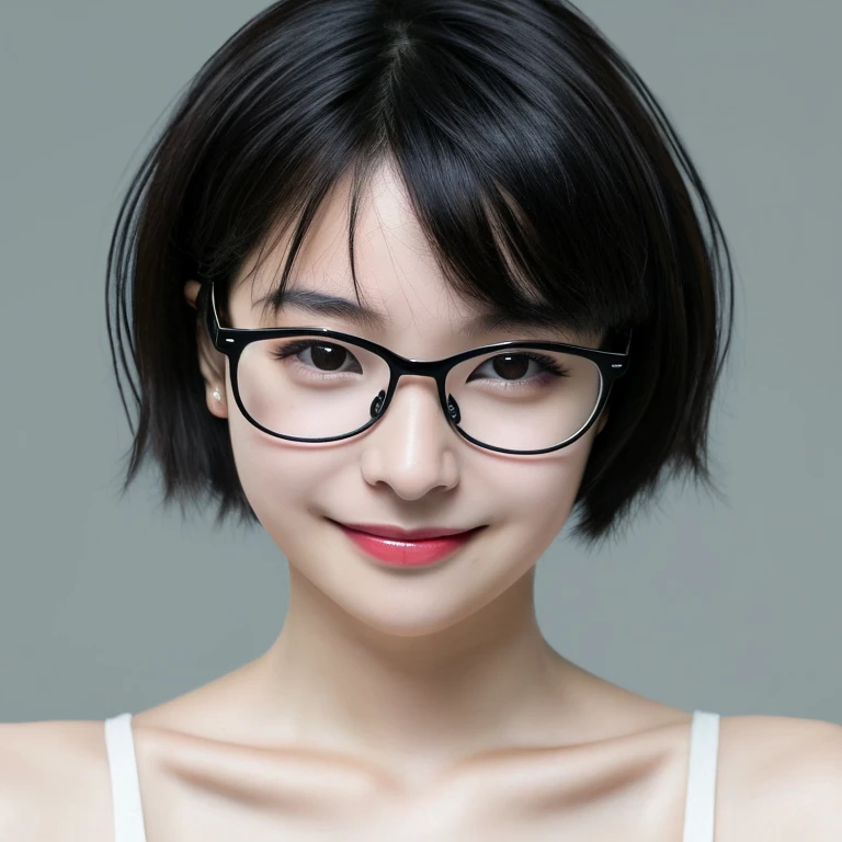 1girl,black short hair,collarbone,glasses,slight smile,close up,potrait,detailed,hd,ultra hd,16k