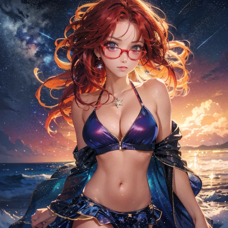 (best quality,realistic,photorealistic:1.37),highres,(anime:1.1),(portrait:1.1),(vivid colors),starry background,longeyelashes,zip up crop top,micro skirt,glasses,perfect breasts, perfect body,cleavage,long unreal crimped red hair,beautiful,cowboy shot