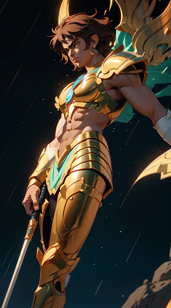 masterpiece, highest quality, solo focus, (perfect face:1.1) , (high detail:1.1), (dramatic, 1.5), 1 muscular black male:1.3, (bald:1.2), (deeply tanned skin), (holding golden bow), (outdoors in full sun), ((bright light:1.5)), (laughing), (golden arrows), (golden sun), hyper detailed, digital art, studio quality, smooth render, unreal engine 5 render, octane render, 8K, particle effects,