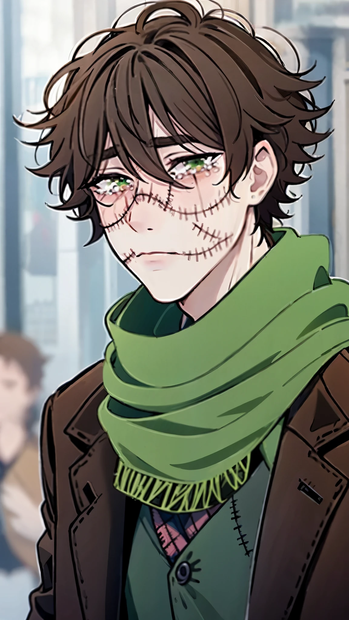 short brown hair, man with scarred face, stitches, striped scarf, green shirt, brown coat, black pants, boots, frown, crying, close up
