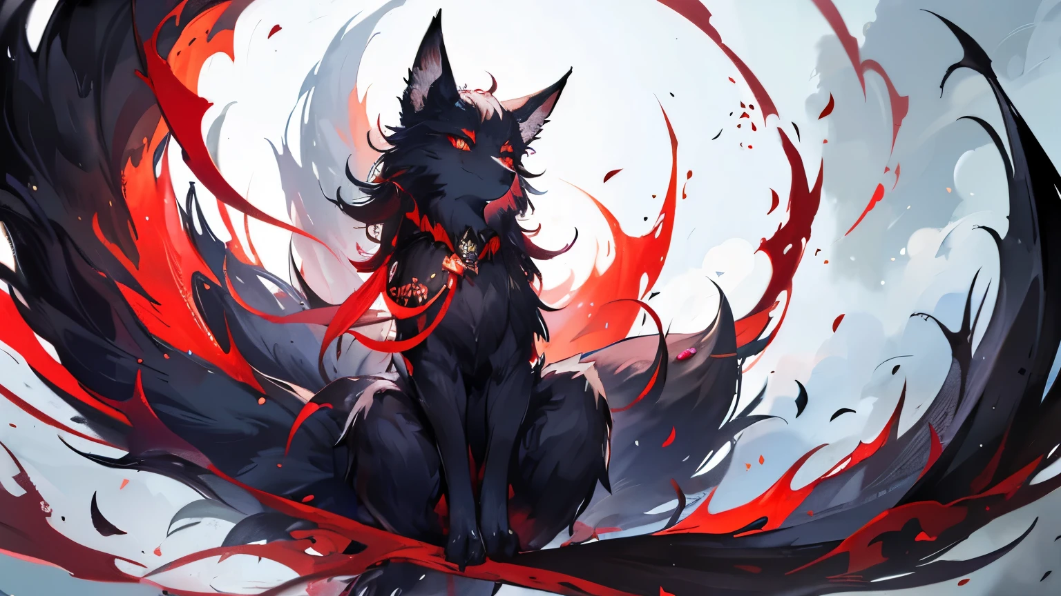 Fantasy fox. Nine-tailed fox. Black fur. shining red eyes. Noble appearance. Majestic view. High image quality. Kitsune.