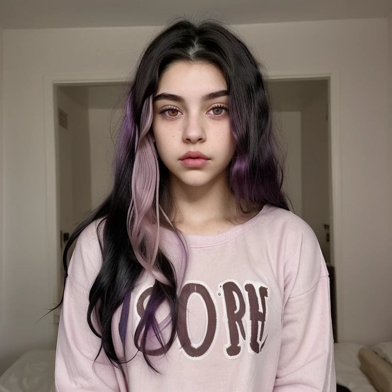 She is an 18 year old girl. his skin is pale. Big brown eyes, small pink lips. Her hair is black and the ends are dyed purple..
