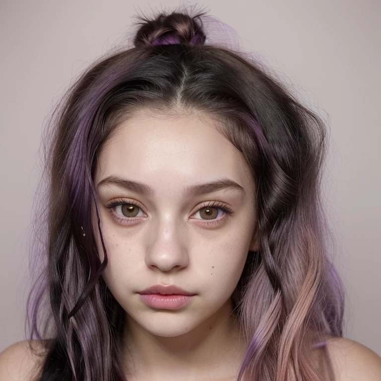 She is an 18 year old girl. his skin is pale. Big brown eyes, small pink lips.  Her hair is black and the ends are dyed purple.. 