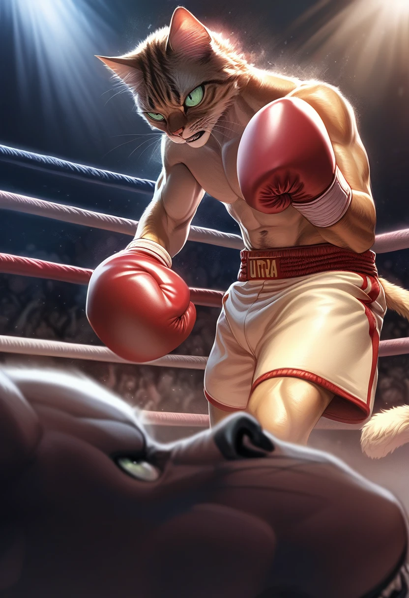 A fierce match is taking place in the boxing ring. The boxer is clutching his red gloves and the crowd is going wild. The light on the ring illuminates them. The entire venue beats as one, and there is a sense of tension that will take your breath away. This is the moment when the magic of boxing is at its most powerful, and everyone feels enveloped by its energy. This shows an anthropomorphic cat having a boxing match. (masterpiece), (best quality), (ultra detailed), expressive eyes, perfect face, unreasonable, complex and detailed, incredibly absurdres absolutely resolution, highres, texture,