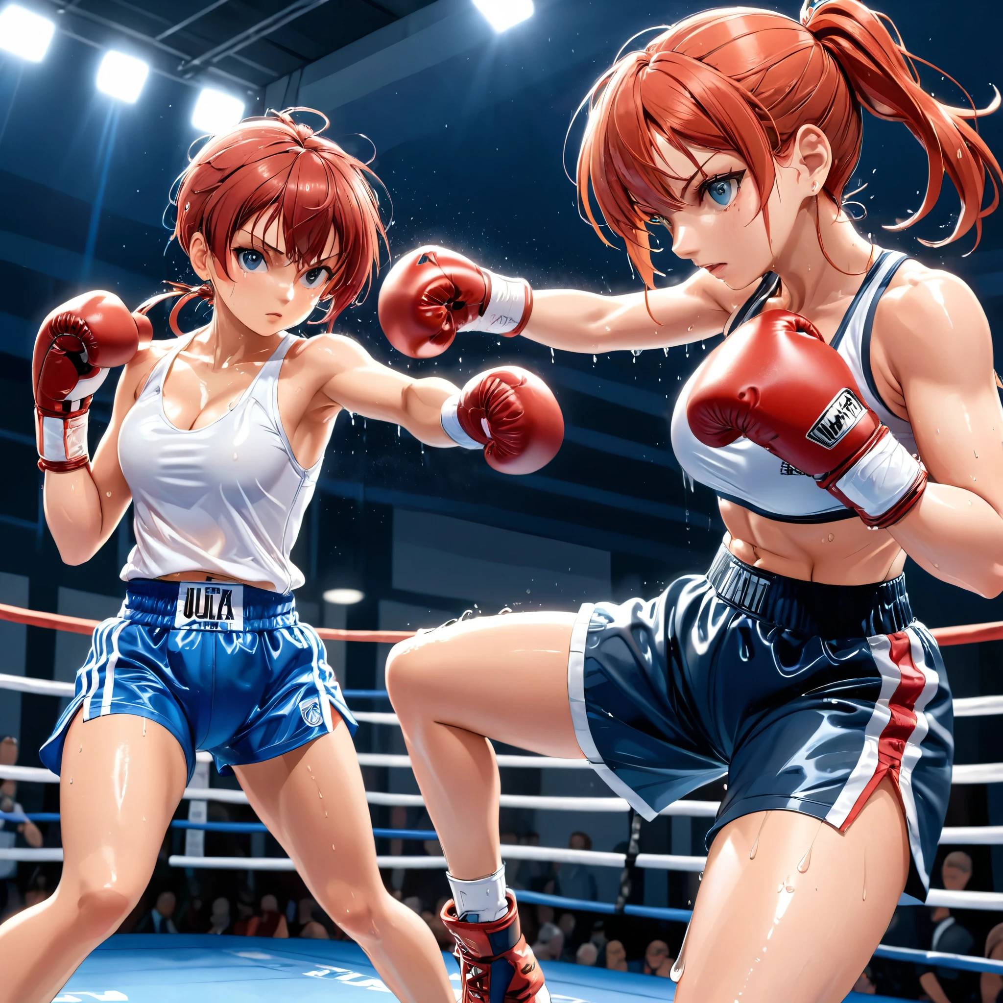 (fighting) . (a female (woman) boxer) vs (a female (woman) boxer) . (muscle: 2.0)