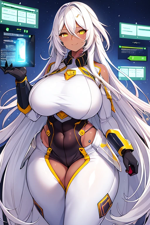 1girl, dark skin, dark-skinned female, white hair, long hair, yellow eyes, huge breasts, breasts, thick thighs, wide hips, mature female, milfz tall, tall female, toned, toned female, smile, futurustic, science-fiction, machinery, tech, white bodysuit, bodysuit, thighhighs, 